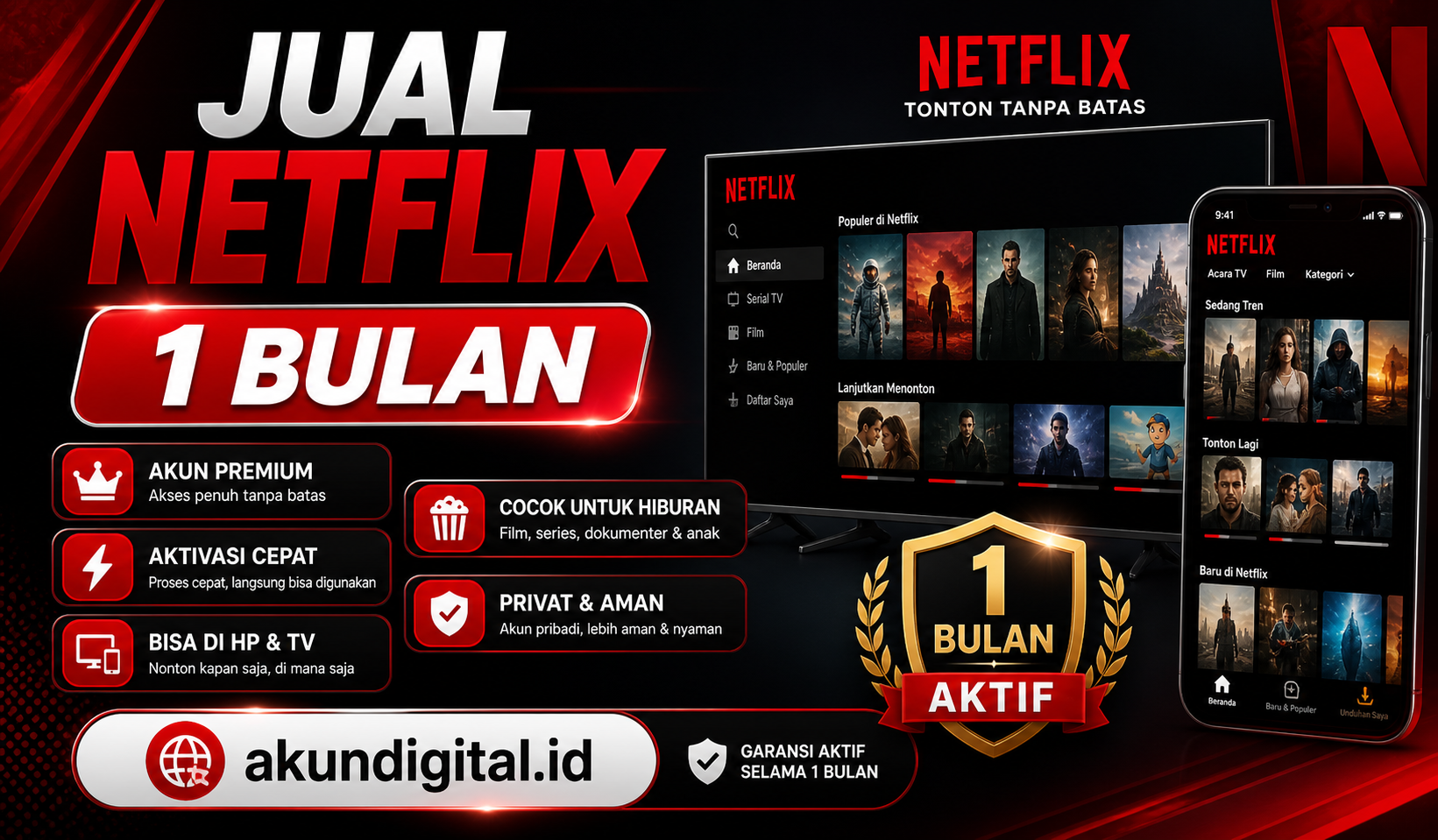 Netflix Premium 1 Bulan Privat 4K (Ultra HD) + HDR - Akun